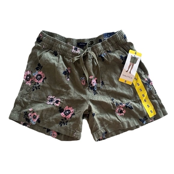 Nwt Nautica Linen Drawstring Shorts in Olive Green and Pink Floral Women’s Small - Picture 2 of 4